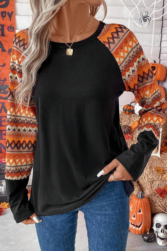 Black Long Sleeve Top with Orange Print Sleeves