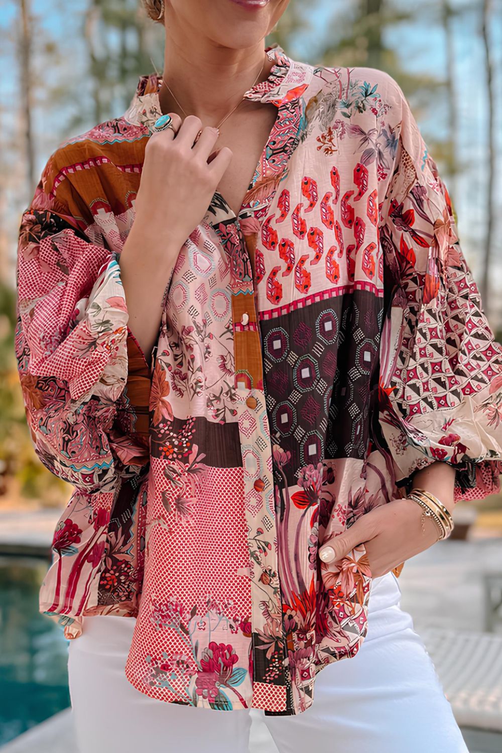 Patchwork Floral Flounce Sleeve Shirt