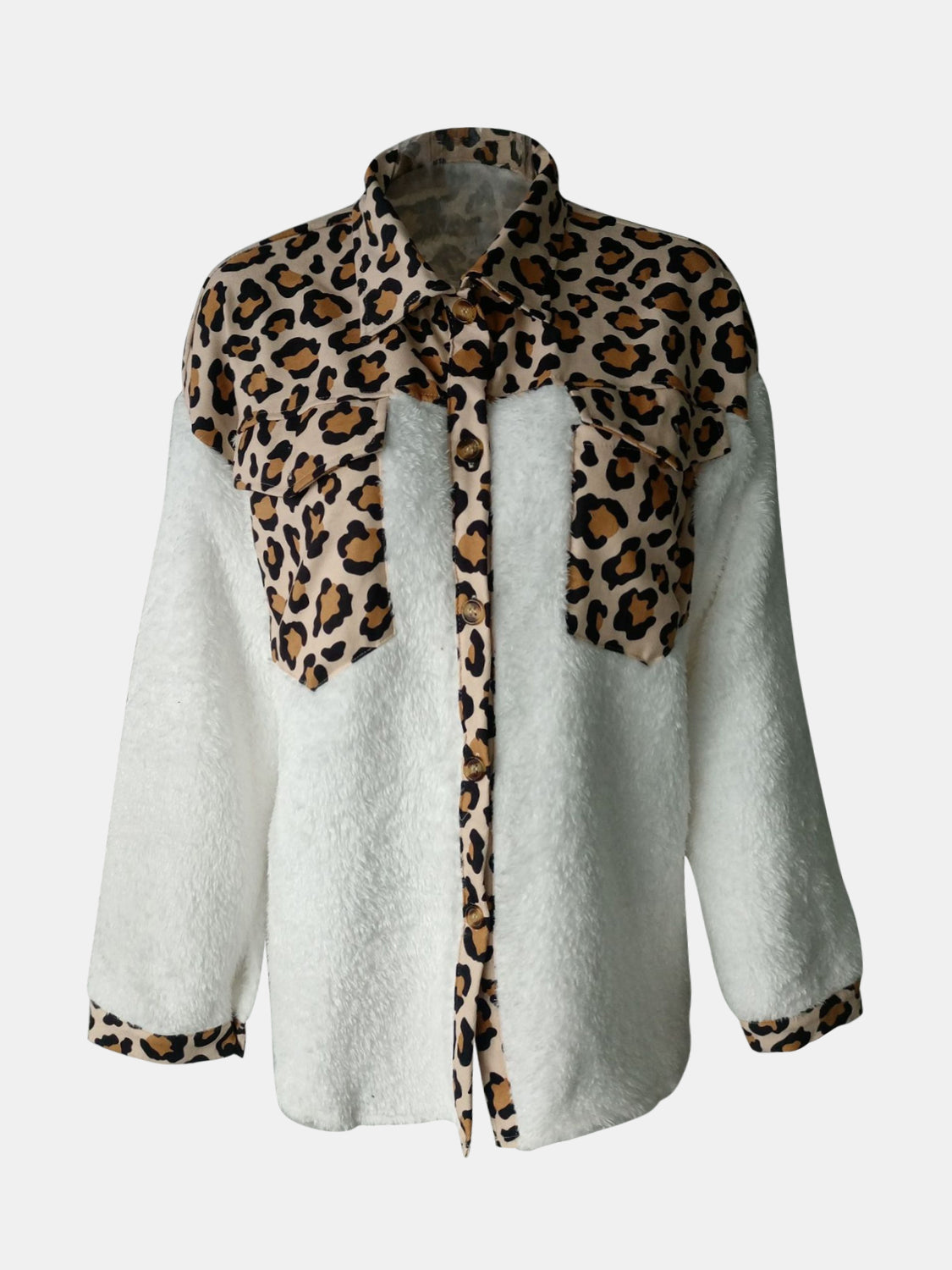 Fuzzy Button Up Jacket - Solid and Contrast Design Pattern on Back