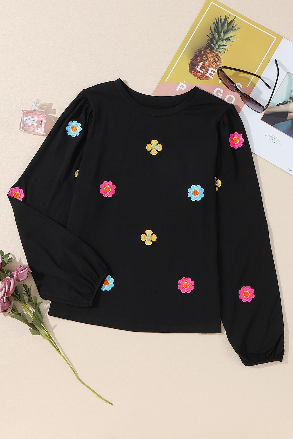 Beautiful Black with Embroidered Flowers Long Sleeve Sweater