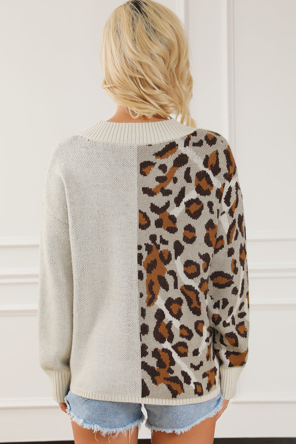 Half Leopard V Neck Drop Shoulder Sweater