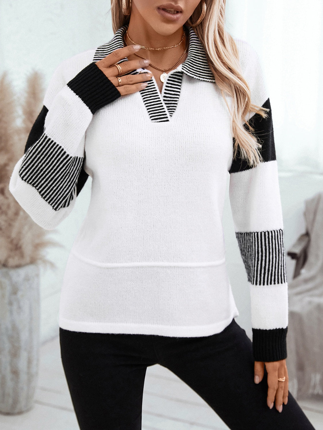 Black and White Striped Drop Shoulder Sweater