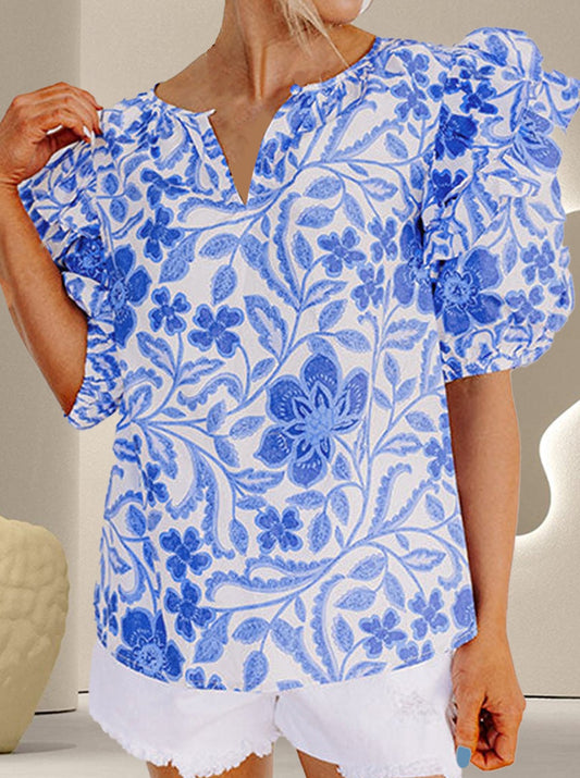 Blue Blossom: Printed Half Sleeve Blouse