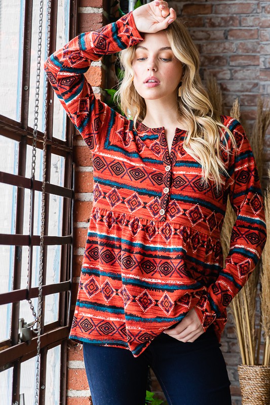 Babydoll Geometric Button Detail Long Sleeve Top