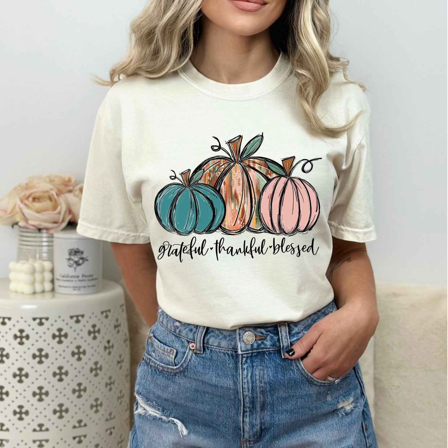 Thankful Grateful Blessed Pumpkins Halloween T-Shirt