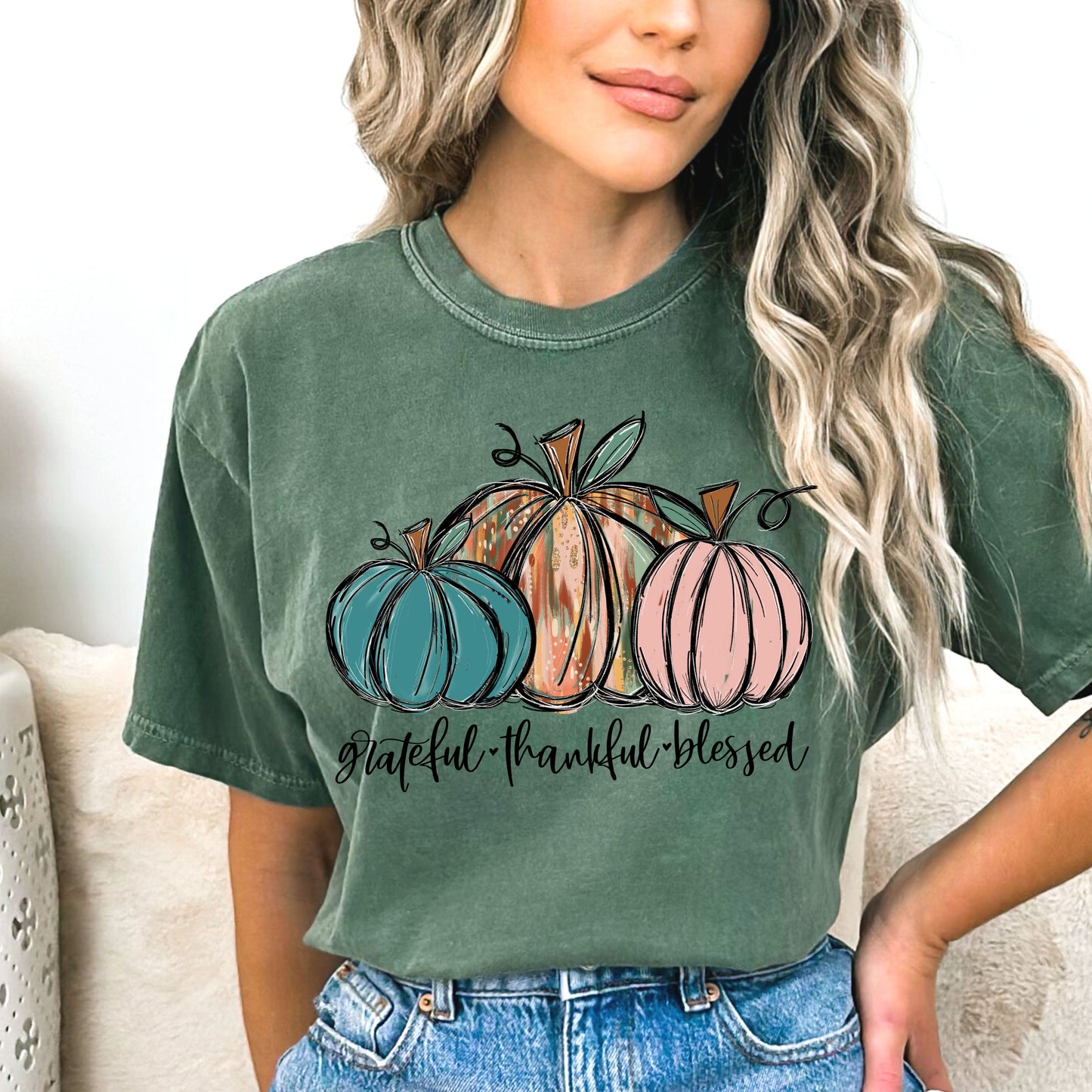 Thankful Grateful Blessed Pumpkins Halloween T-Shirt