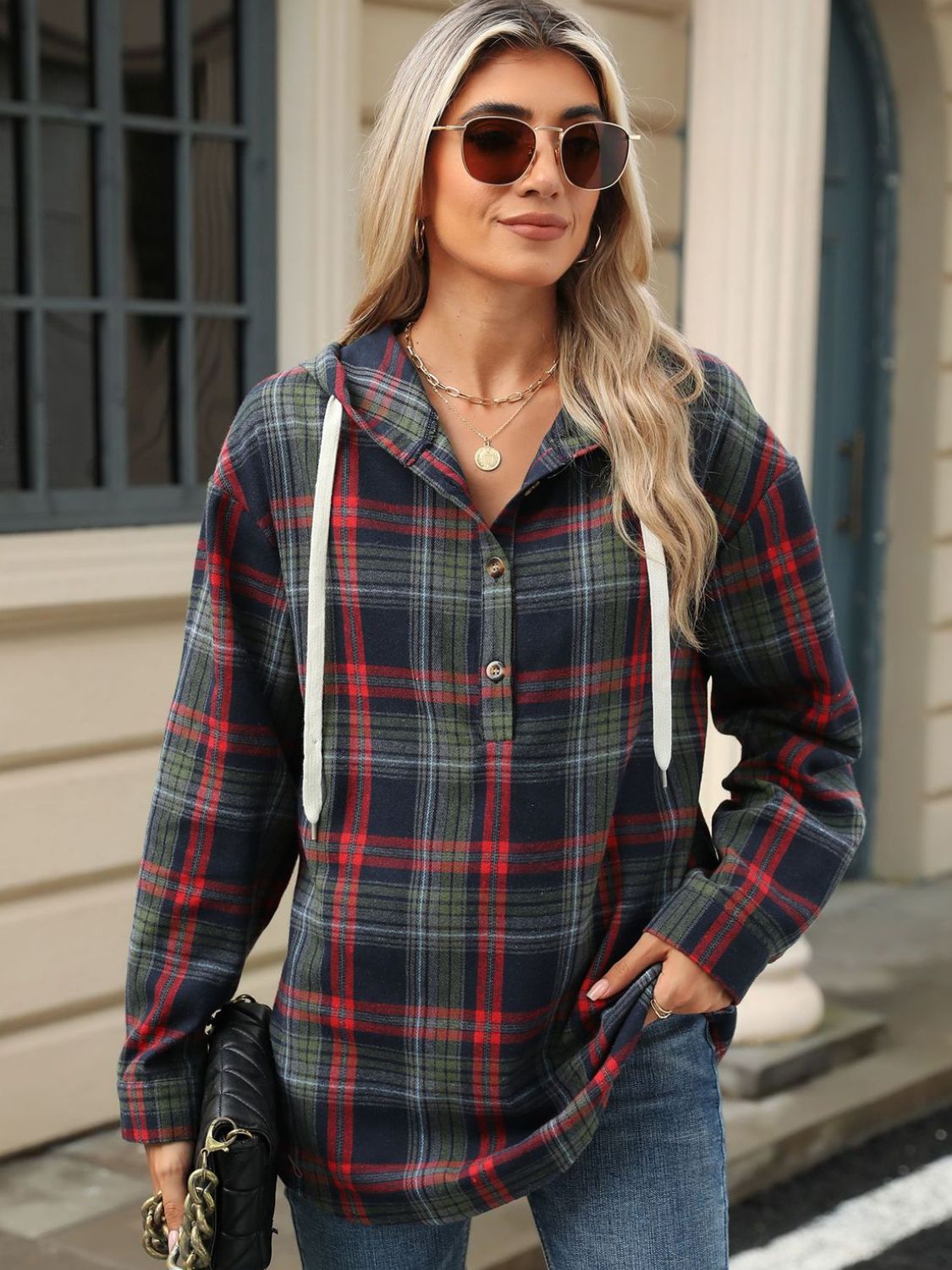 Hooded Plaid Top With Drawstring