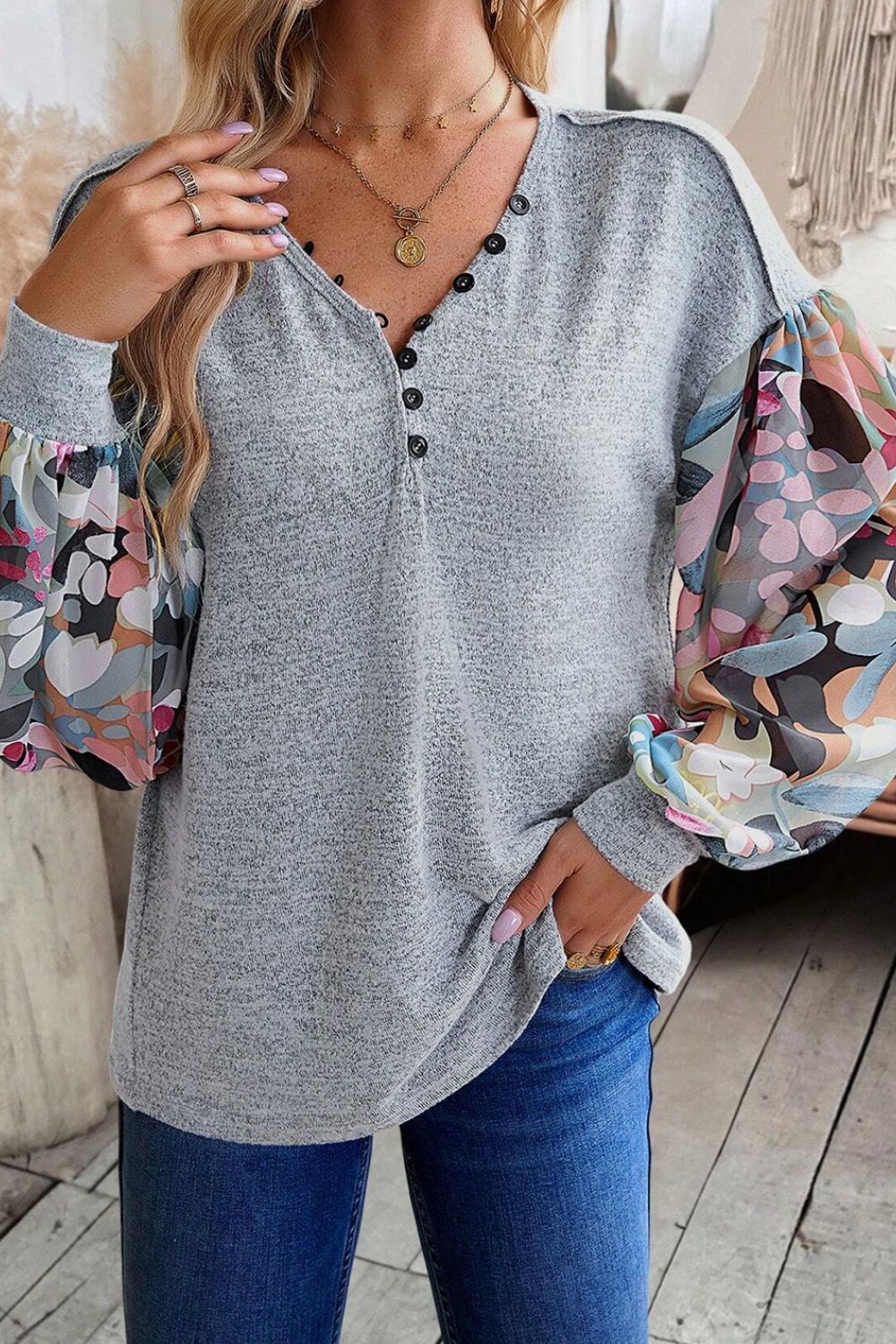 Full Floral Sleeve Buttoned V Neck Top