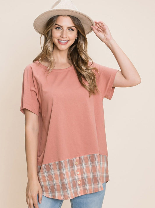 Pretty in Plaid: Cotton Short Sleeve T-Shirt With Plaid Bottom