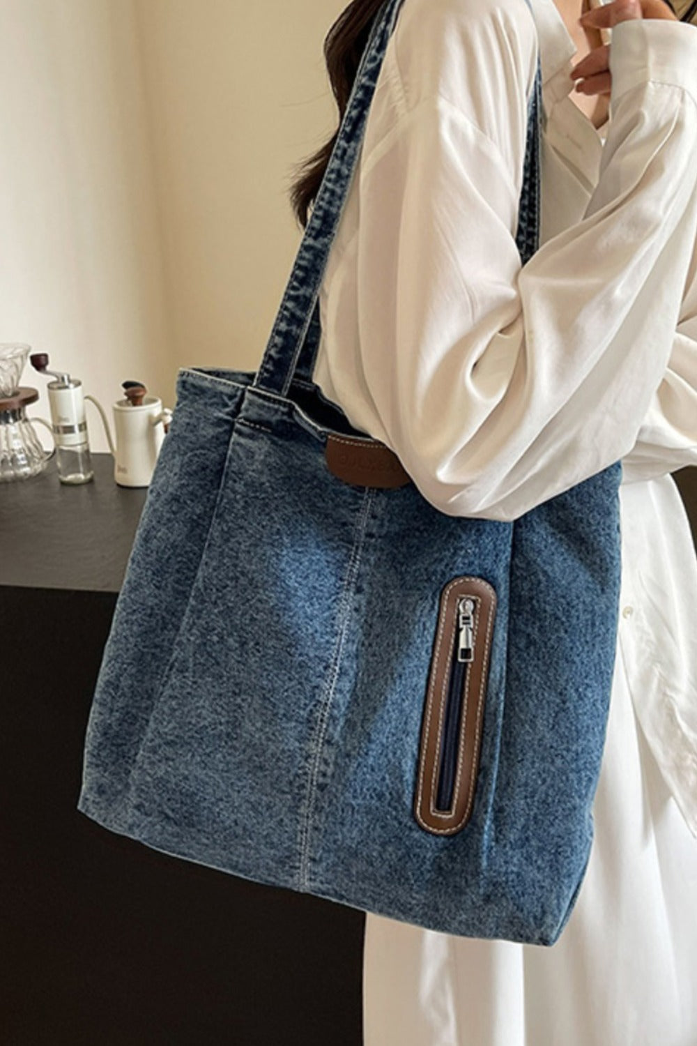 Shoulder Bag:  Denim Tote Bag with Zip