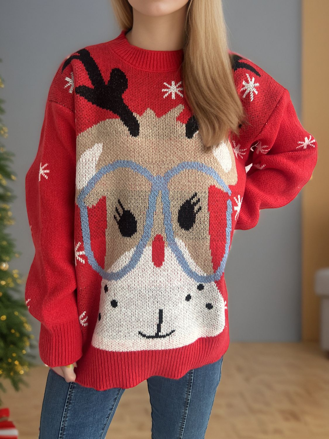 Reindeer With Glasses Dropped Shoulder Sweater