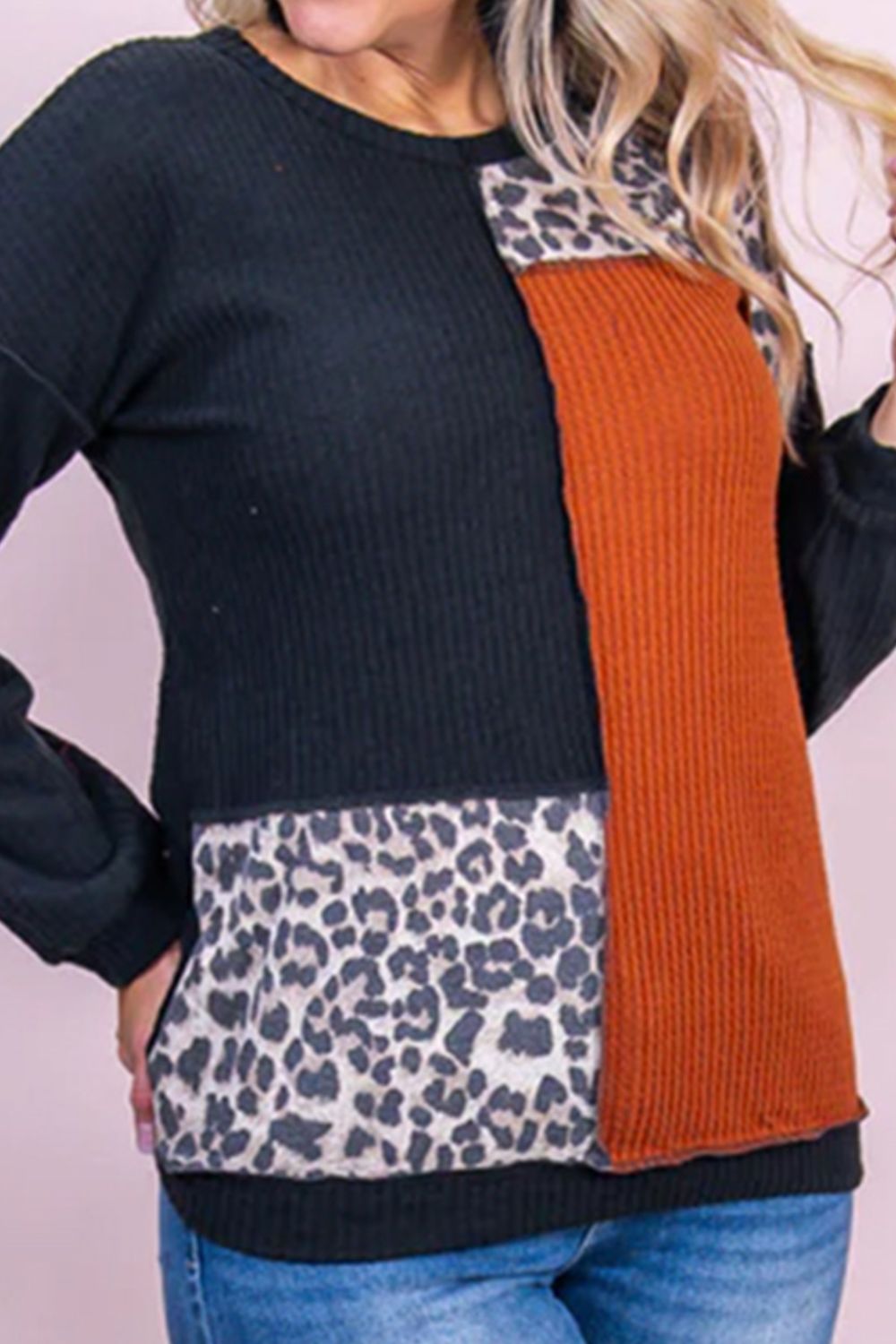 PLUS SIZE: Waffle-Knit Leopard Blouse