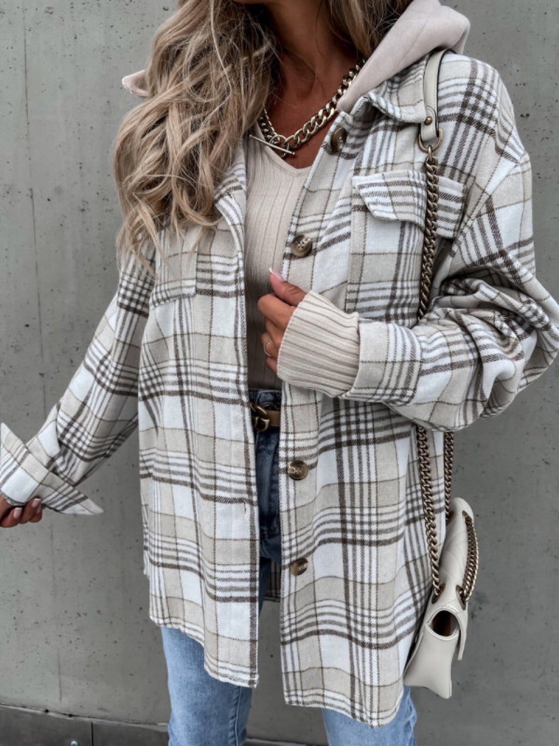 Plaid Hooded Long Sleeve Jacket