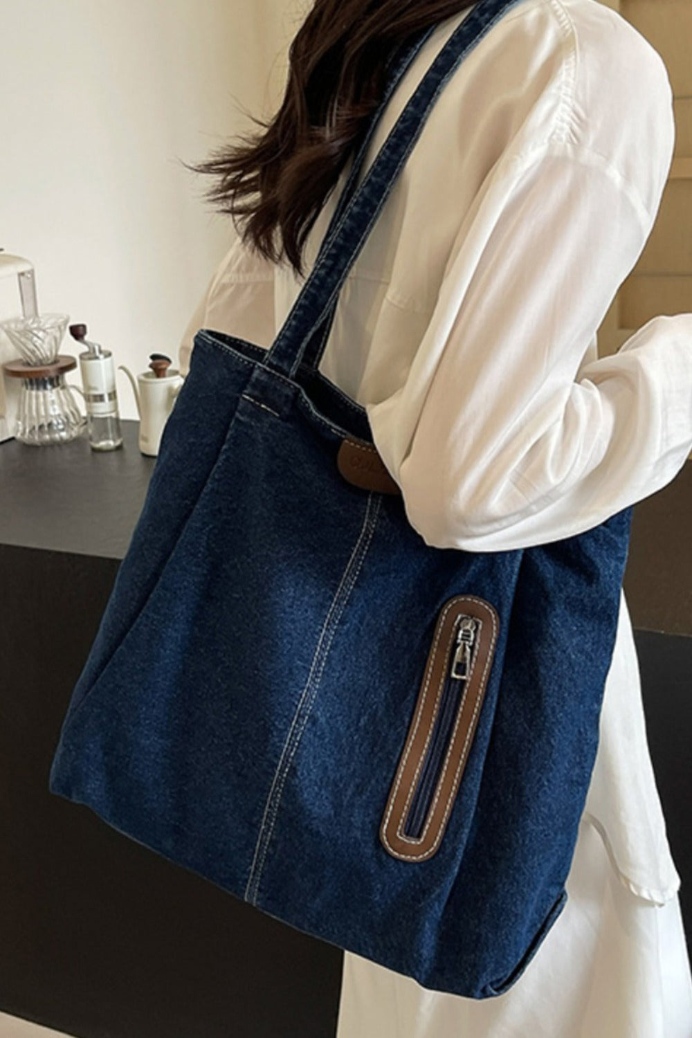 Shoulder Bag:  Denim Tote Bag with Zip