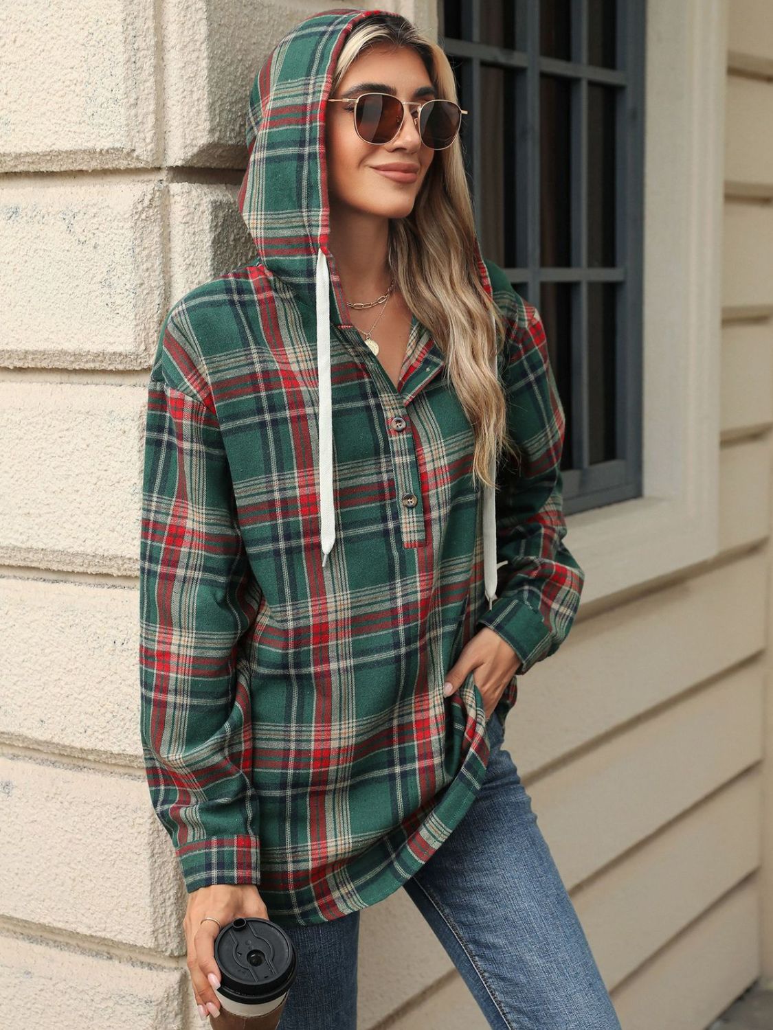 Hooded Plaid Top With Drawstring