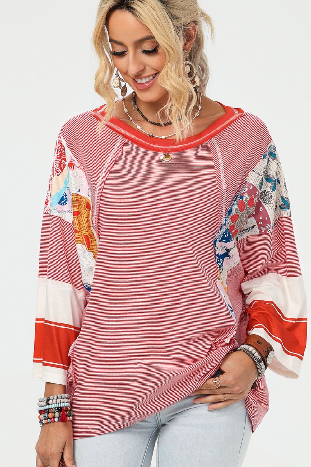 Striped and Floral Patchwork Long Sleeve Top