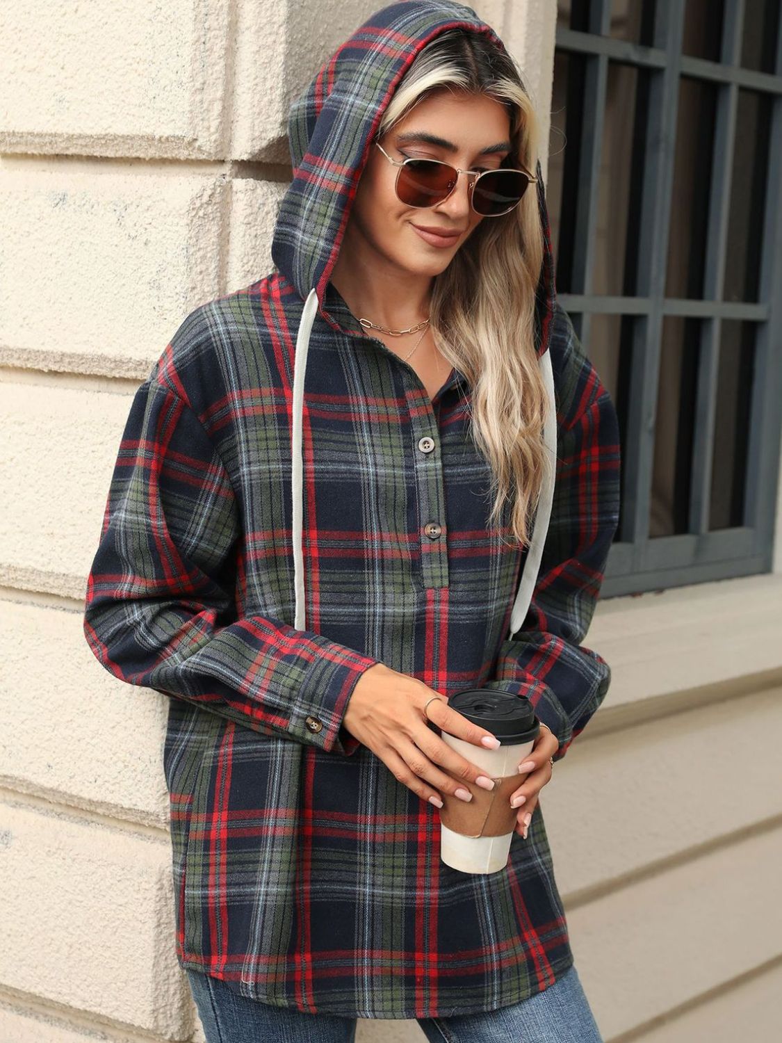 Hooded Plaid Top With Drawstring