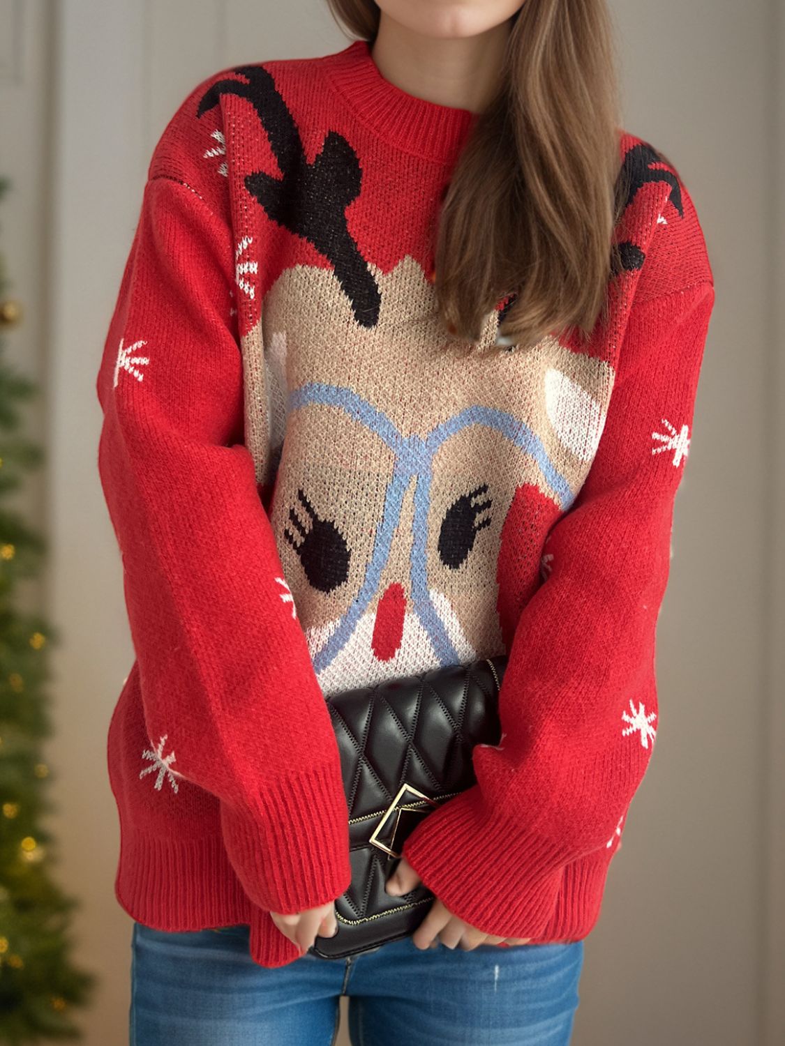 Reindeer With Glasses Dropped Shoulder Sweater