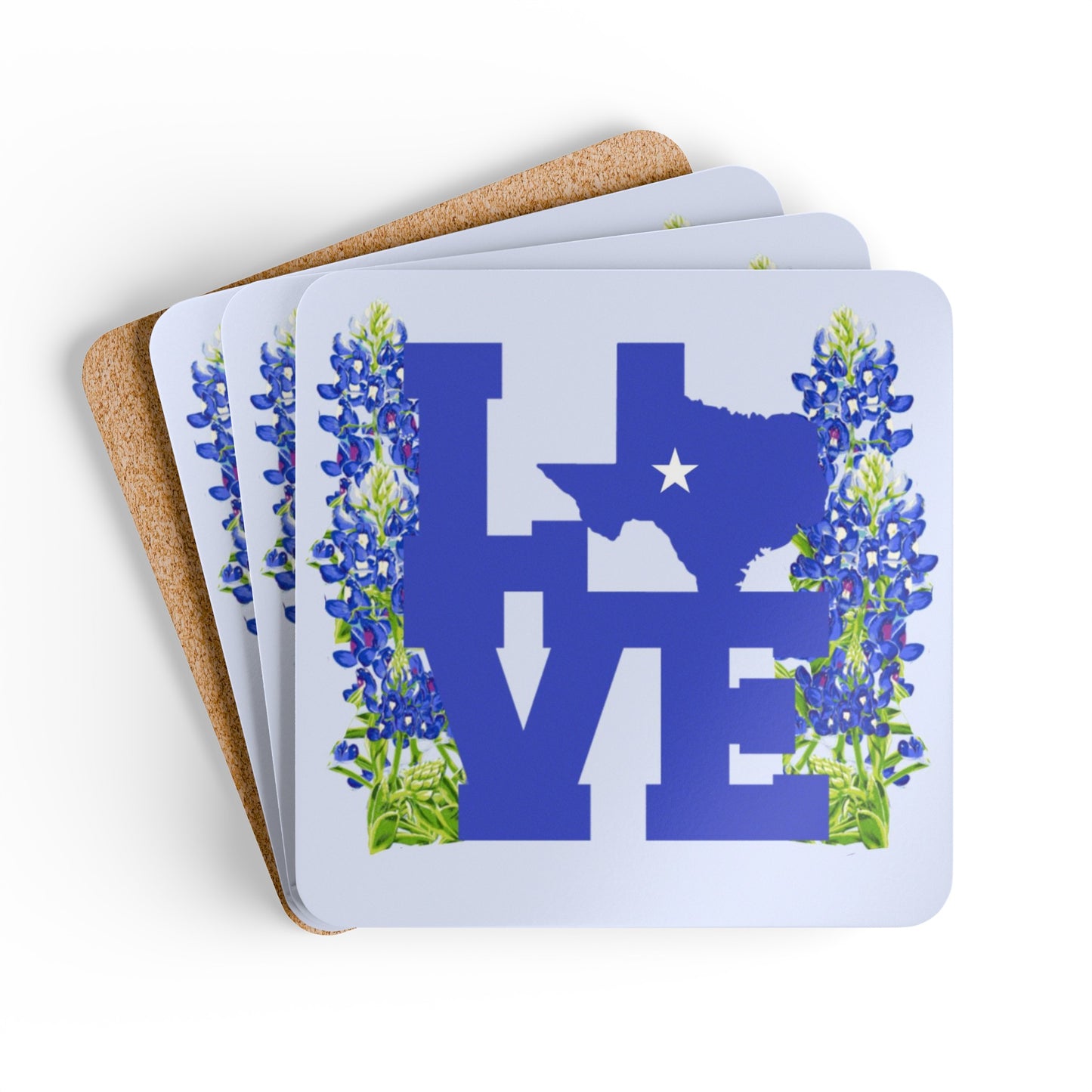 LOVE Texas and Bluebonnets Corkwood Coasters - Set of 4