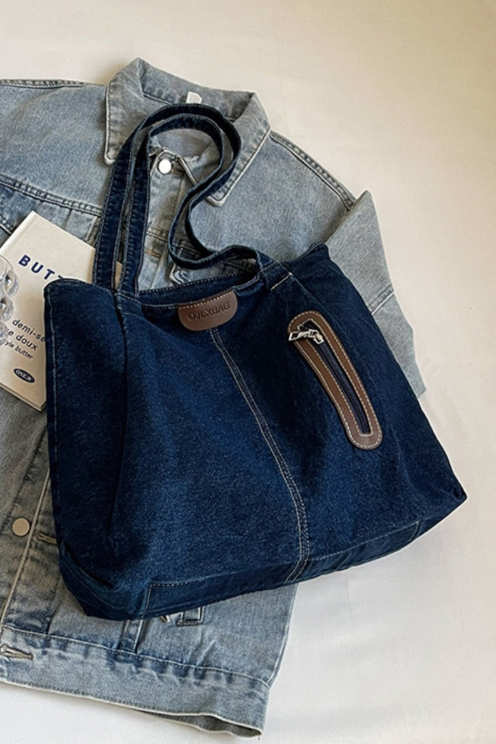 Shoulder Bag:  Denim Tote Bag with Zip