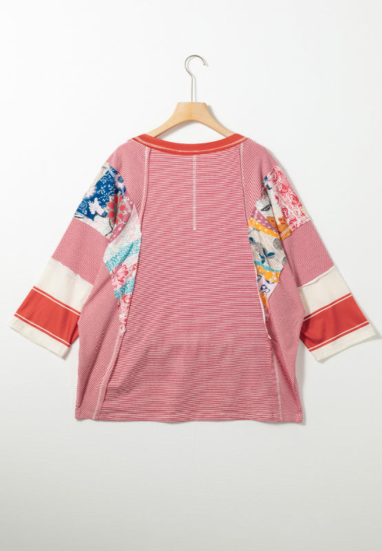 Striped and Floral Patchwork Long Sleeve Top