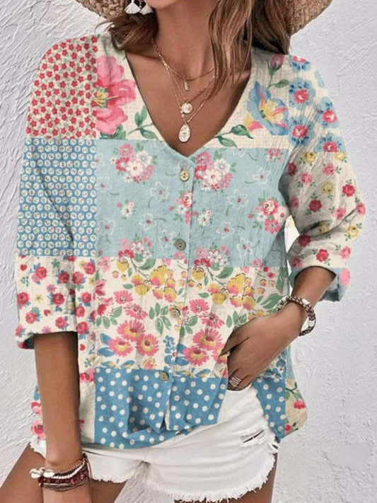 Beautiful Floral Color Block V-Neck Blouse