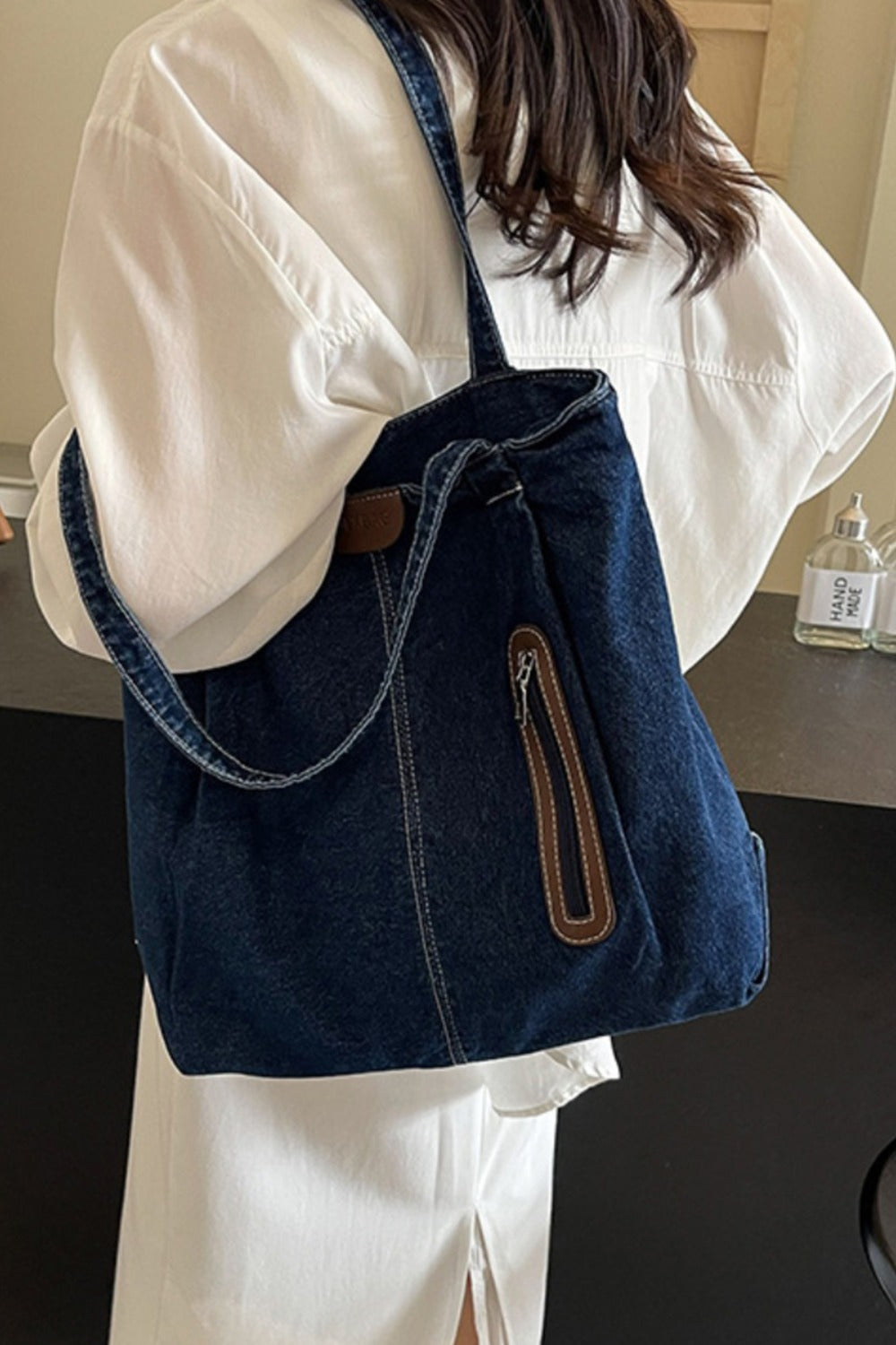 Shoulder Bag:  Denim Tote Bag with Zip