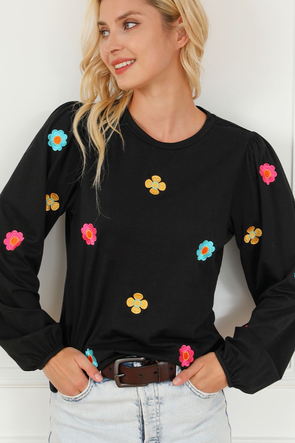 Beautiful Black with Embroidered Flowers Long Sleeve Sweater