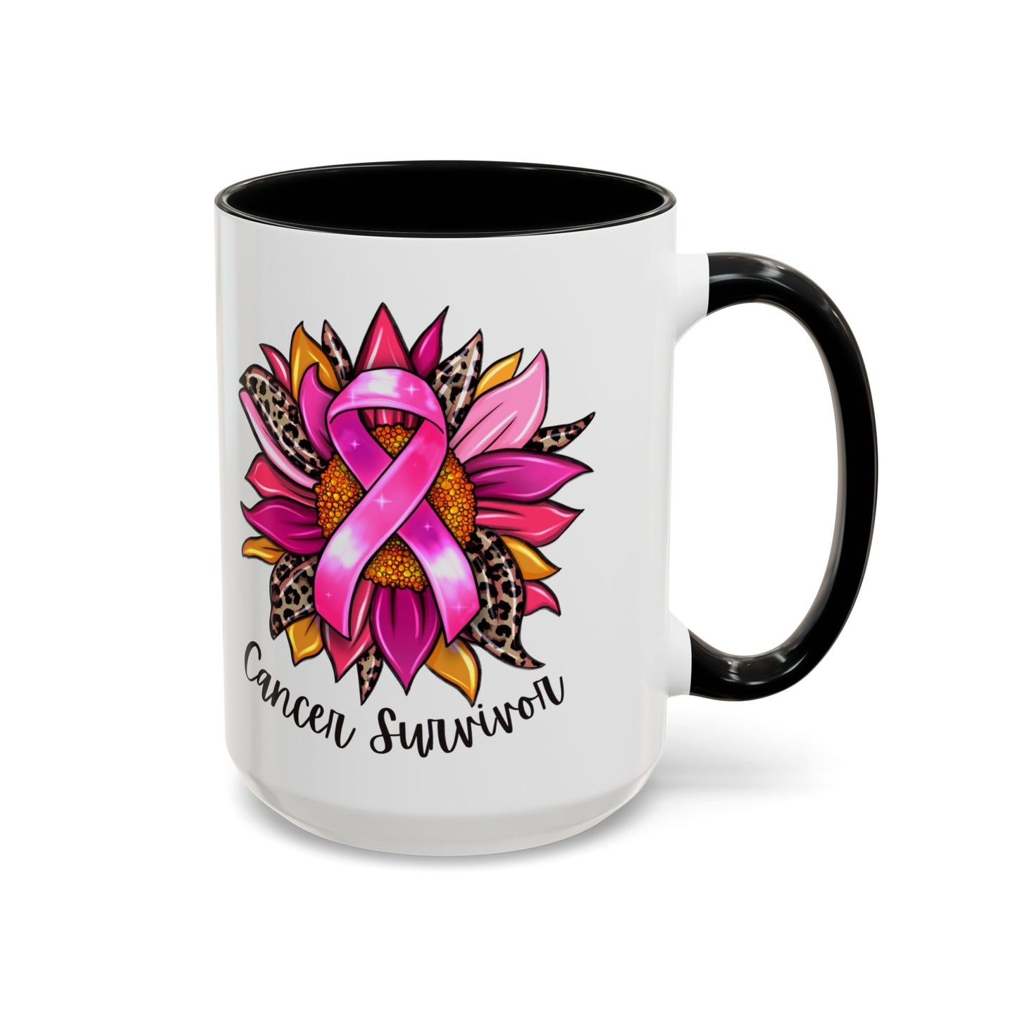 Sunflower Cancer Survivor Coffee Mug with Pink Ribbon (11, 15oz)