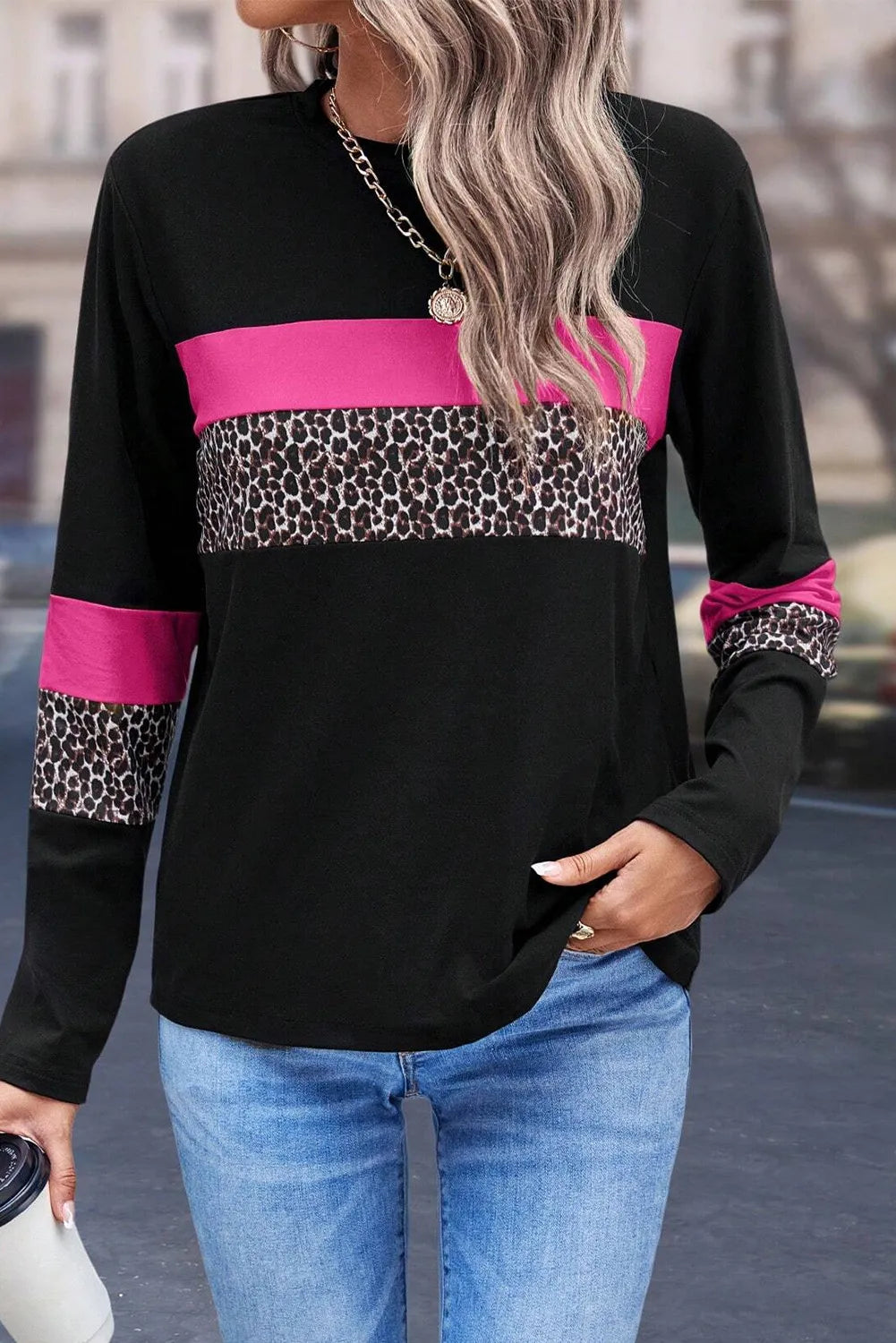 Leopard Print Stripe Long Sleeve Blouse