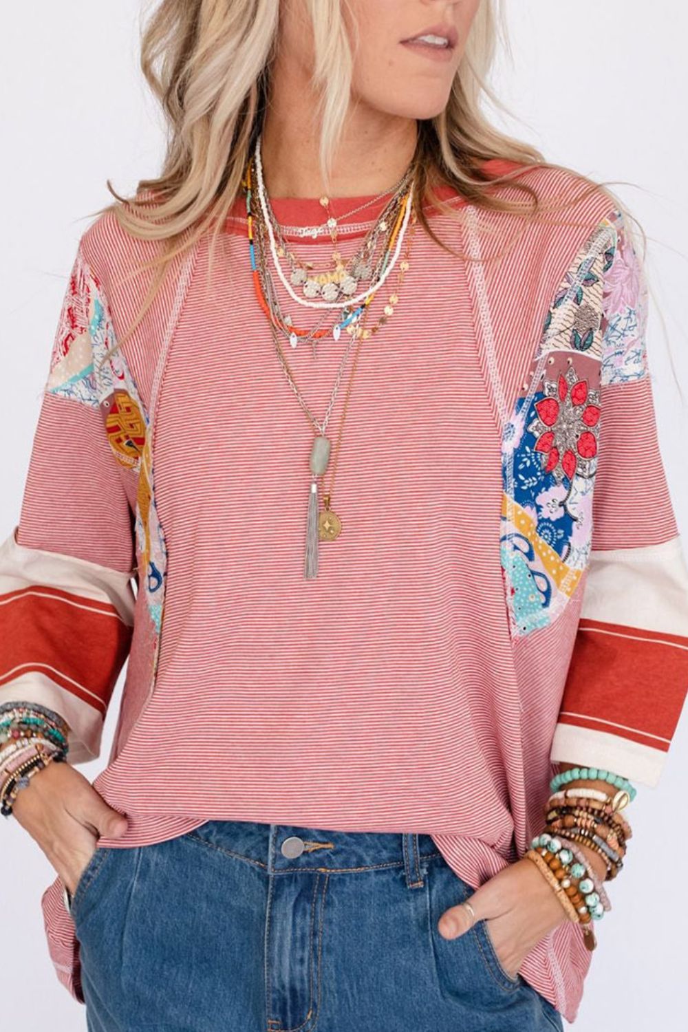 Striped and Floral Patchwork Long Sleeve Top