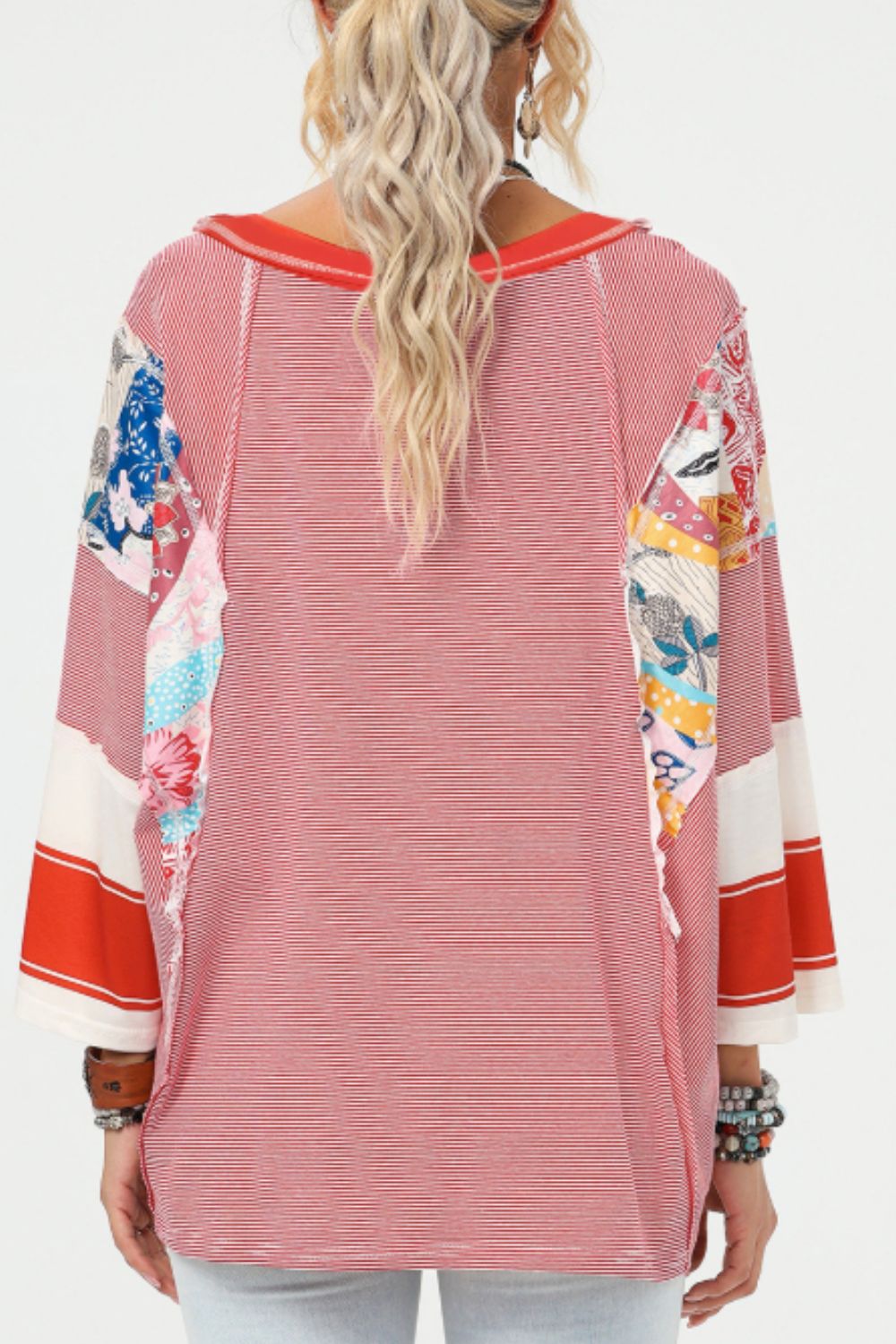 Striped and Floral Patchwork Long Sleeve Top