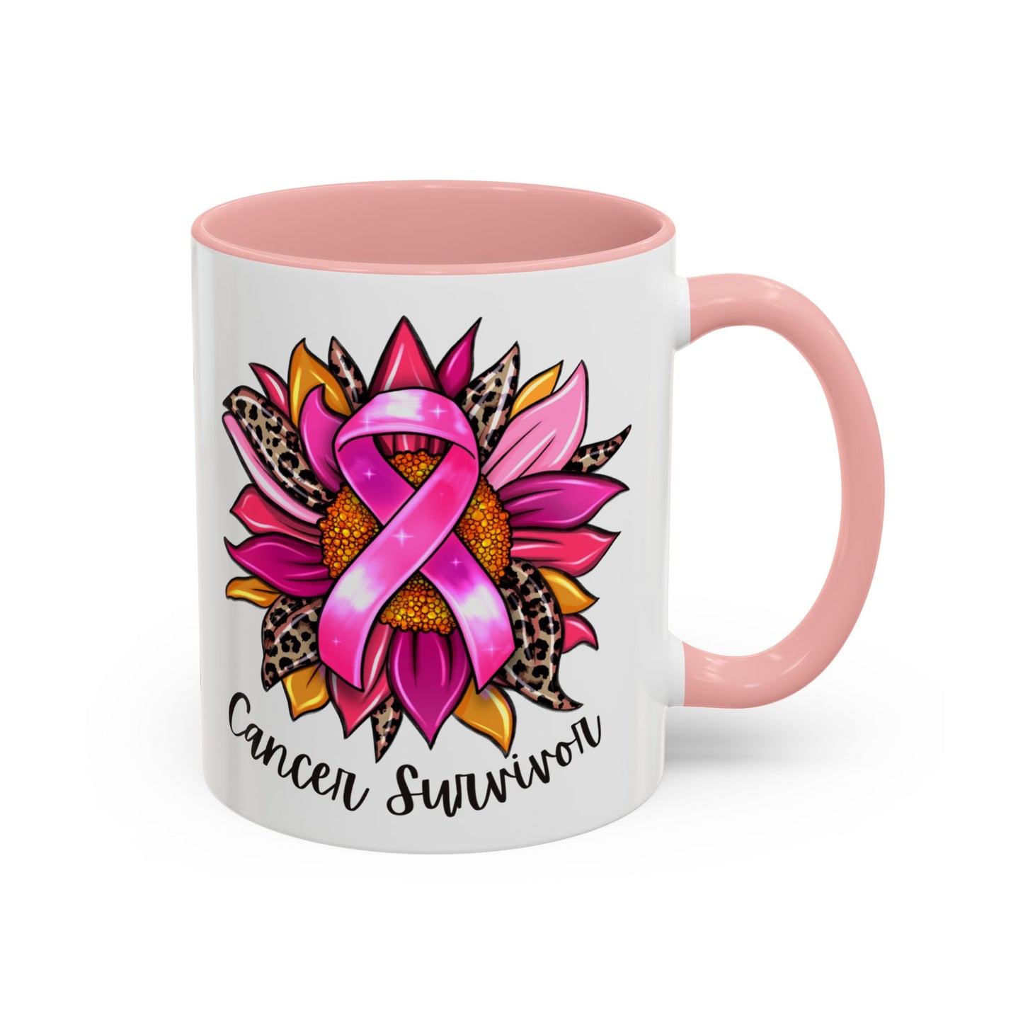 Sunflower Cancer Survivor Coffee Mug with Pink Ribbon (11, 15oz)