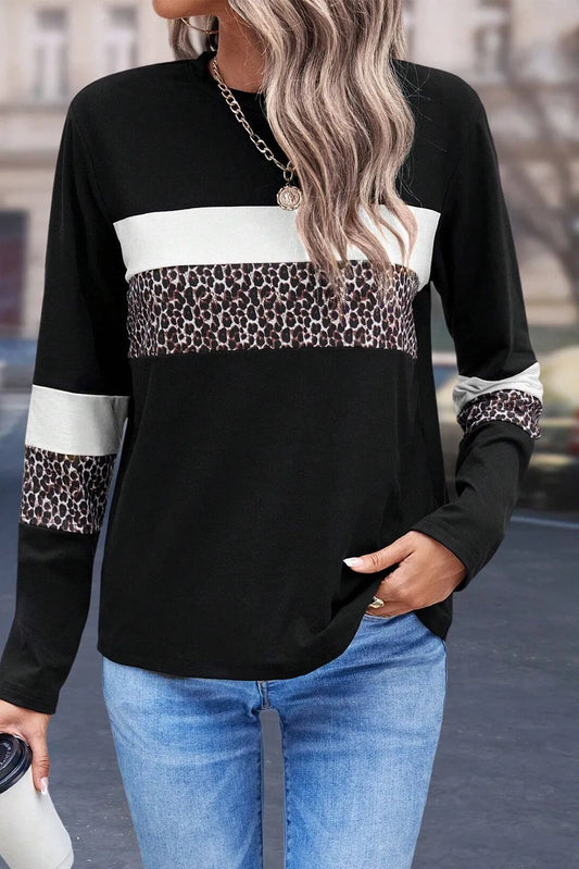 Leopard Print Stripe Long Sleeve Blouse