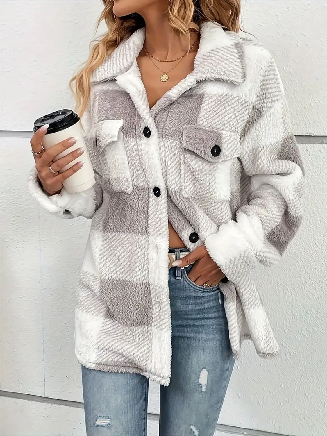 Plaid Dropped Shoulder Plush Coat