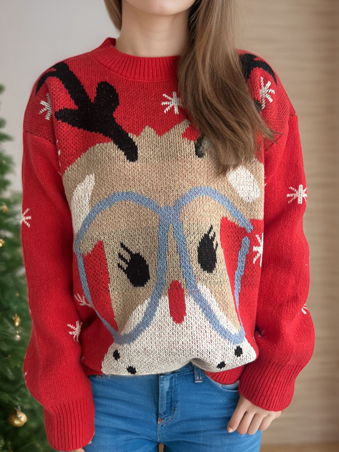 Reindeer With Glasses Dropped Shoulder Sweater