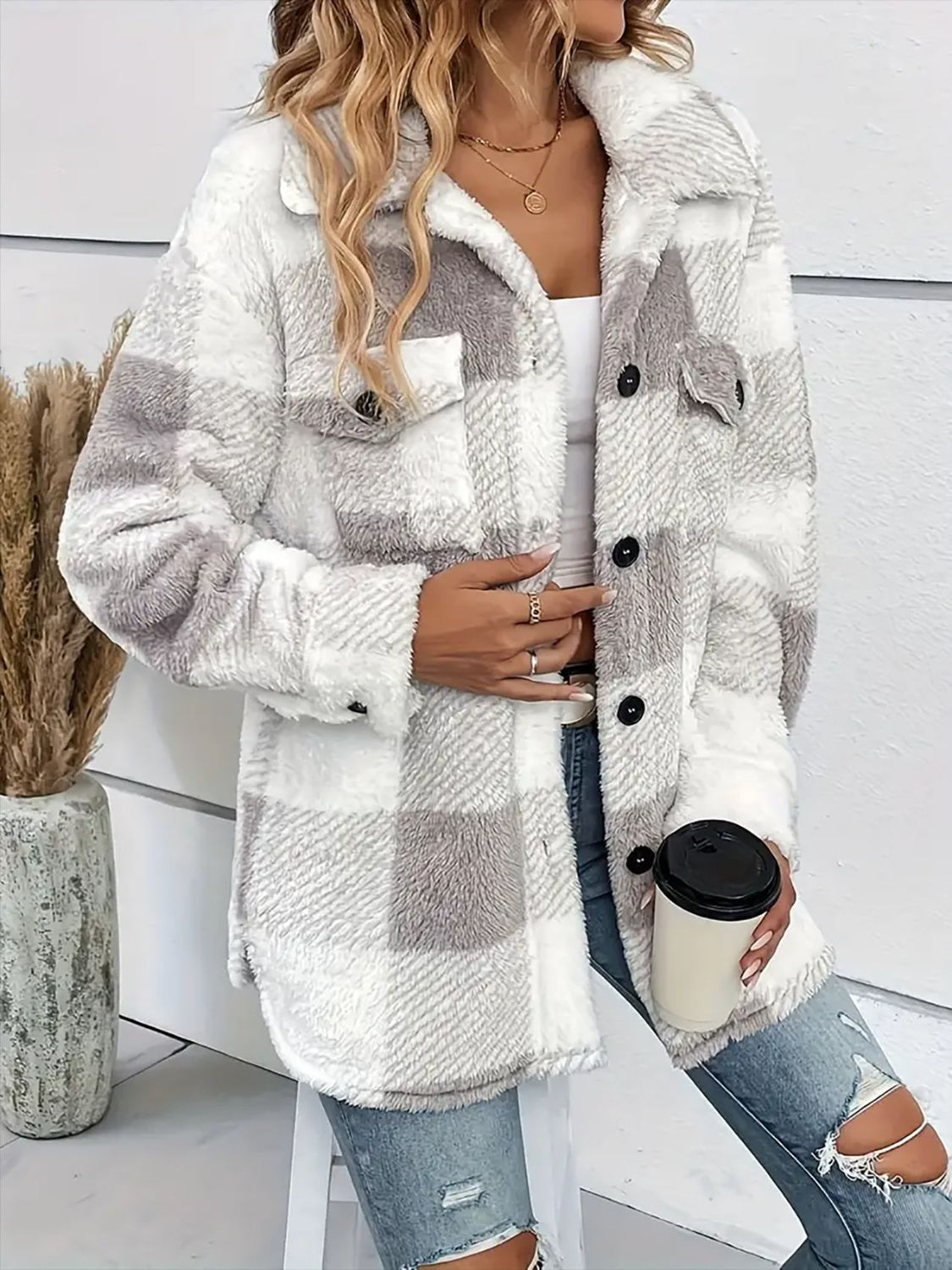 Plaid Dropped Shoulder Plush Coat