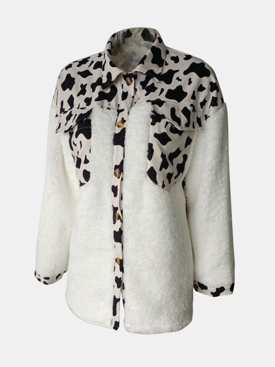 Fuzzy Button Up Jacket - Solid and Contrast Design Pattern on Back