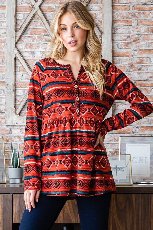 Babydoll Geometric Button Detail Long Sleeve Top