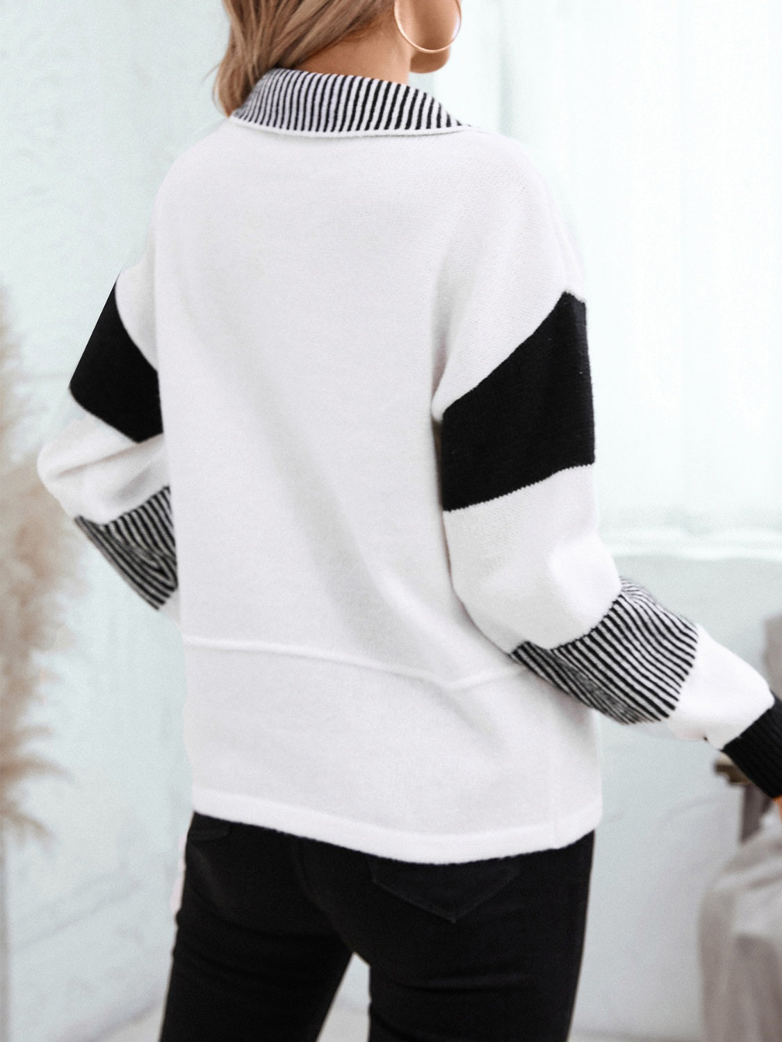 Black and White Striped Drop Shoulder Sweater