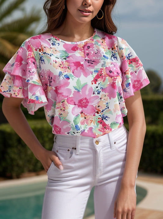 Fun Floral:  Beautiful Flutter Sleeve Blouse