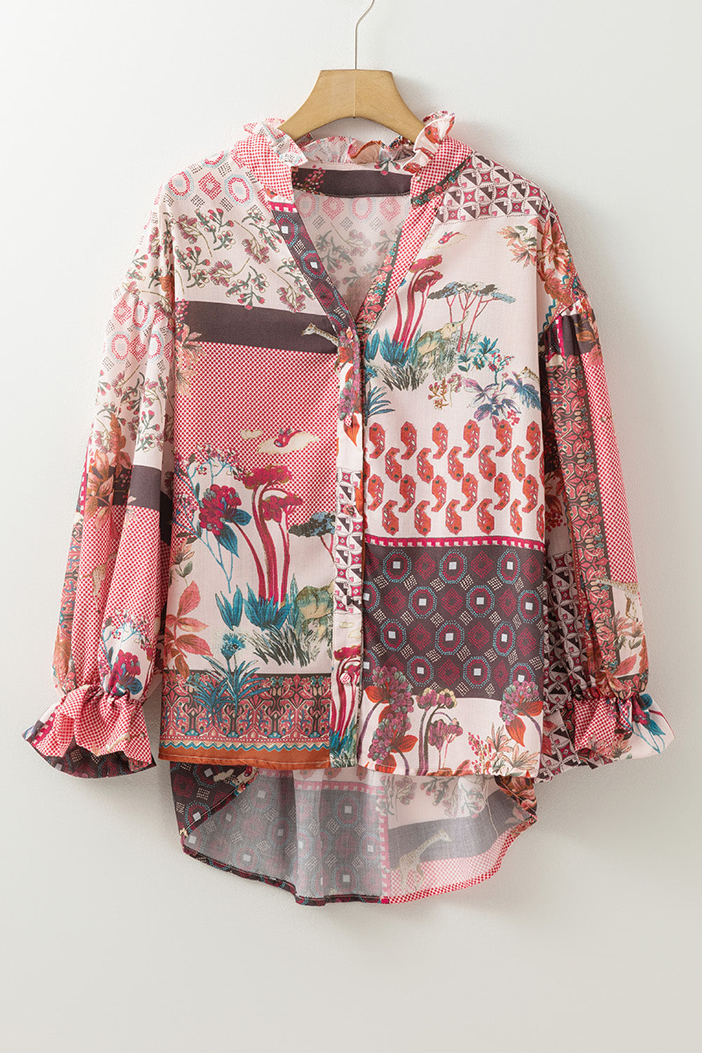 Patchwork Floral Flounce Sleeve Shirt