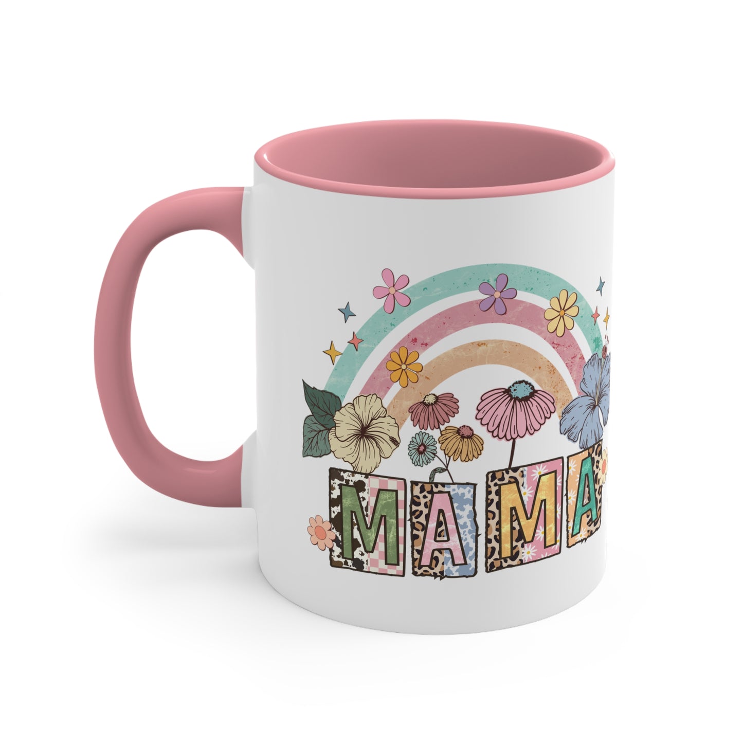 Mama Coffee Mug, 11oz, Two-Tone Coffee Mug With Flowers and Rainbow, Gift For Mom