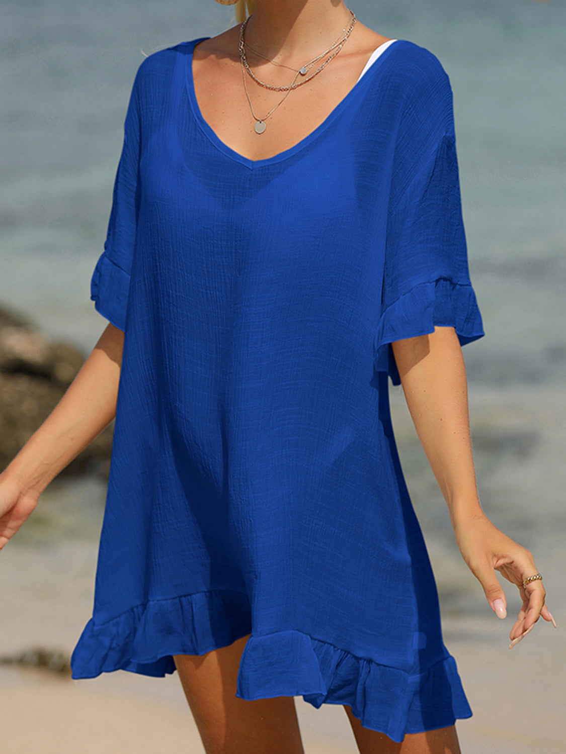 Dive Into Style:  Scoop Neck With Tie Back and Ruffle Sleeve Cover Up