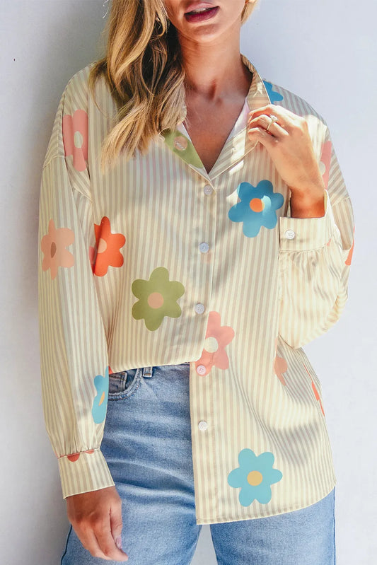 Tan Striped With Flowers Long Sleeve Shirt