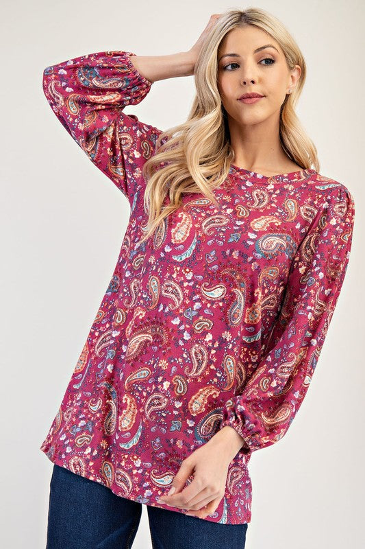 Paisley Round Neck Balloon Sleeve Top