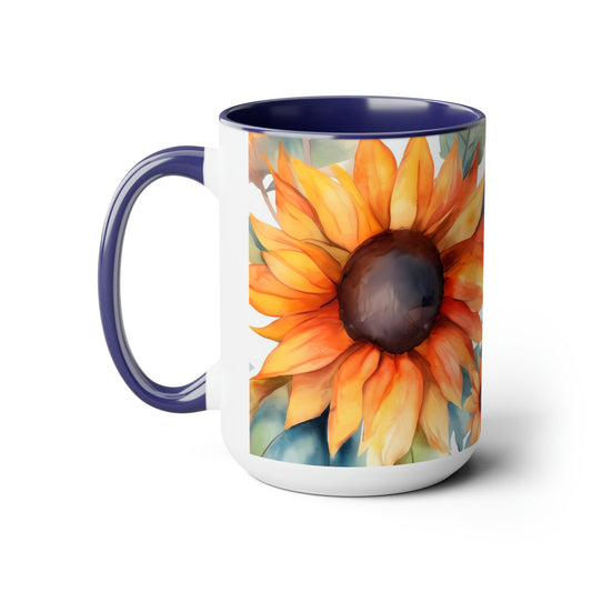 Colorful Sunflowers and Monarch Butterflies Two-Tone Coffee Mugs, 15oz, Large 15oz Coffee Mug, Gifts For Her, Ceramic Mug, Sunflower Mug