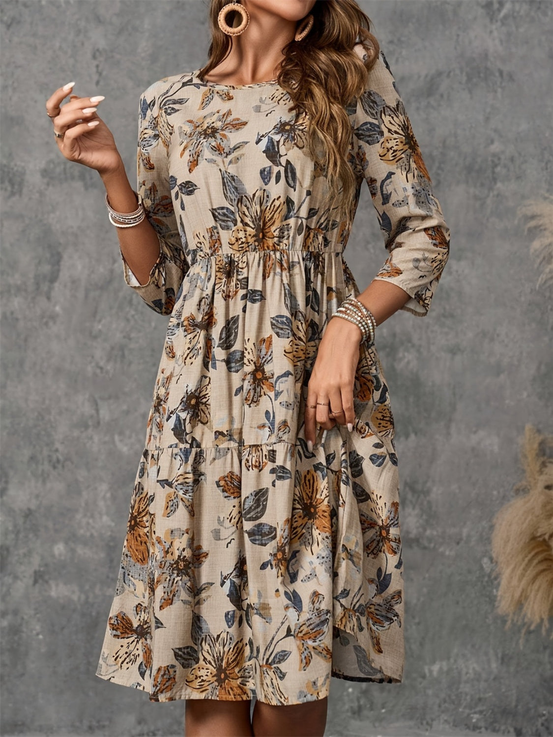 Floral Printed Dress With Three-Quarter Sleeves