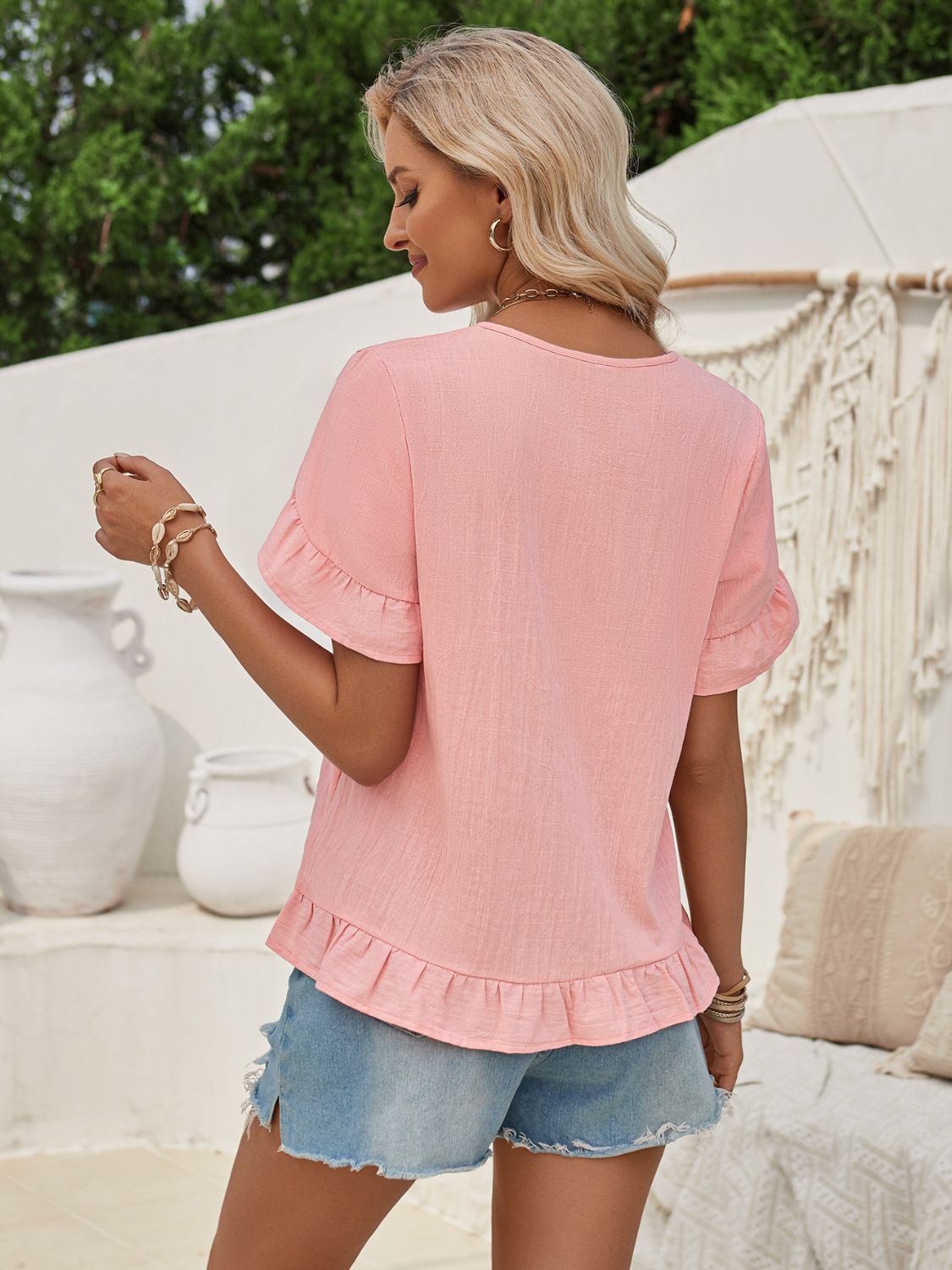 Ruffled Up:  Short Sleeve Blouse with V-Neck, Ruffled Sleeves and Bottom