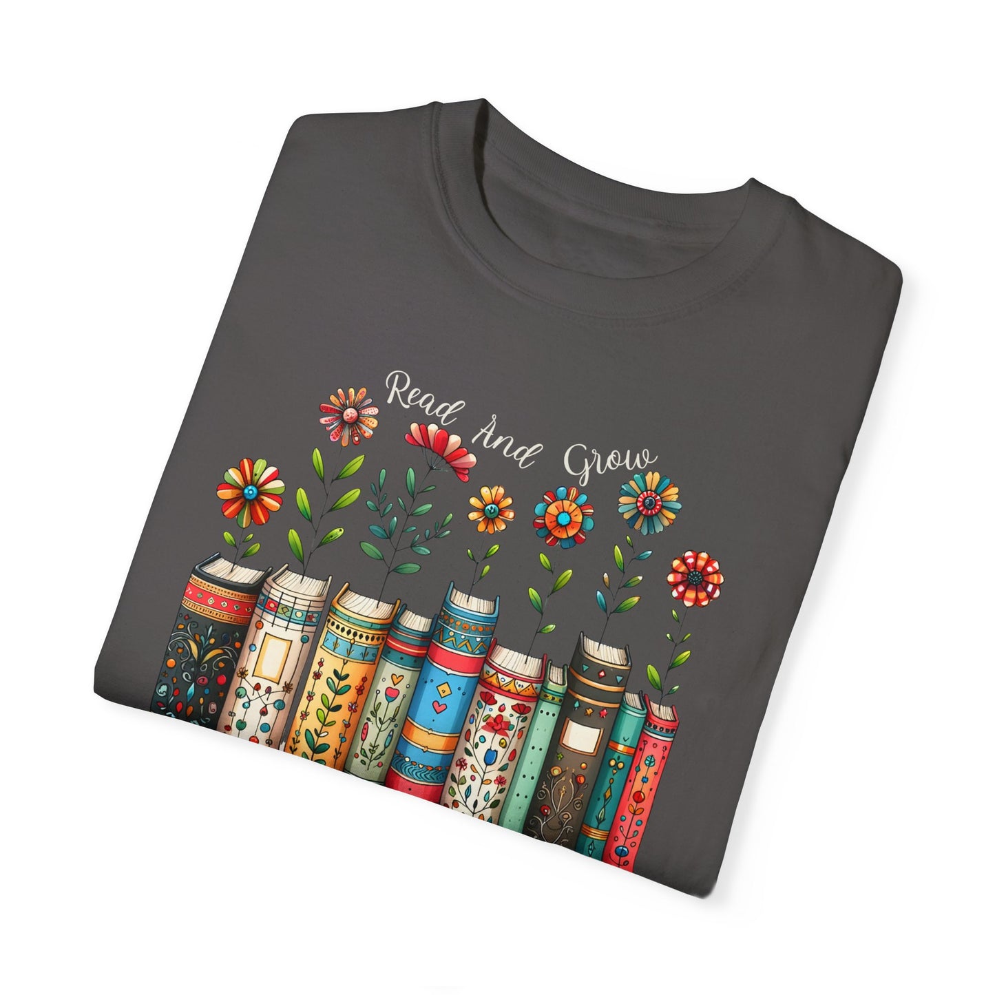 Read and Grow School Librarian T-Shirt With Books and Wildflowers